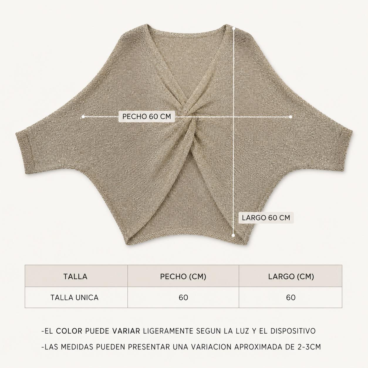 YULVET chaqueta de punto calado con fibra metalizada, diseño cruzado con nudo frontal y manga tipo murciélago