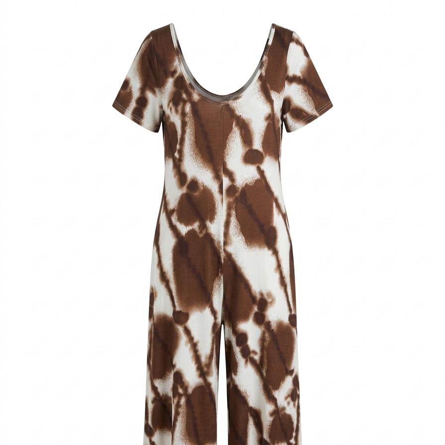 YULVET Mono largo fluido estampado estilo tie-dye con manga corta, escote redondo y pernera amplia con bolsillos laterales