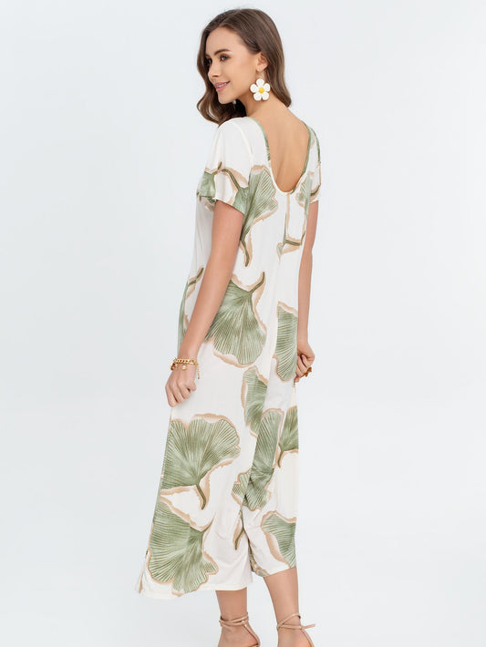Mono largo fluido estampado con manga corta, escote redondo y pernera amplia estilo elegante con bolsillos laterales
