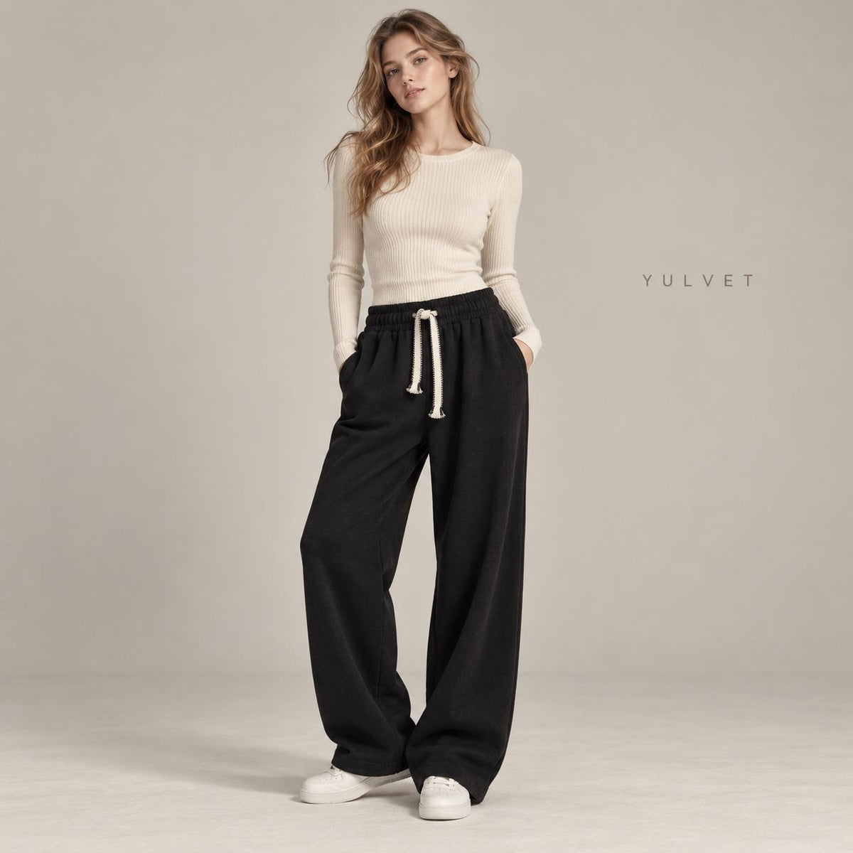 YULVET Pantalón de Mujer con Interior Afelpado, Corte Recto Holgado, Cintura Elástica con Cordón Ajustable y Bolsillos Laterales, Tejido Suave y Flexible