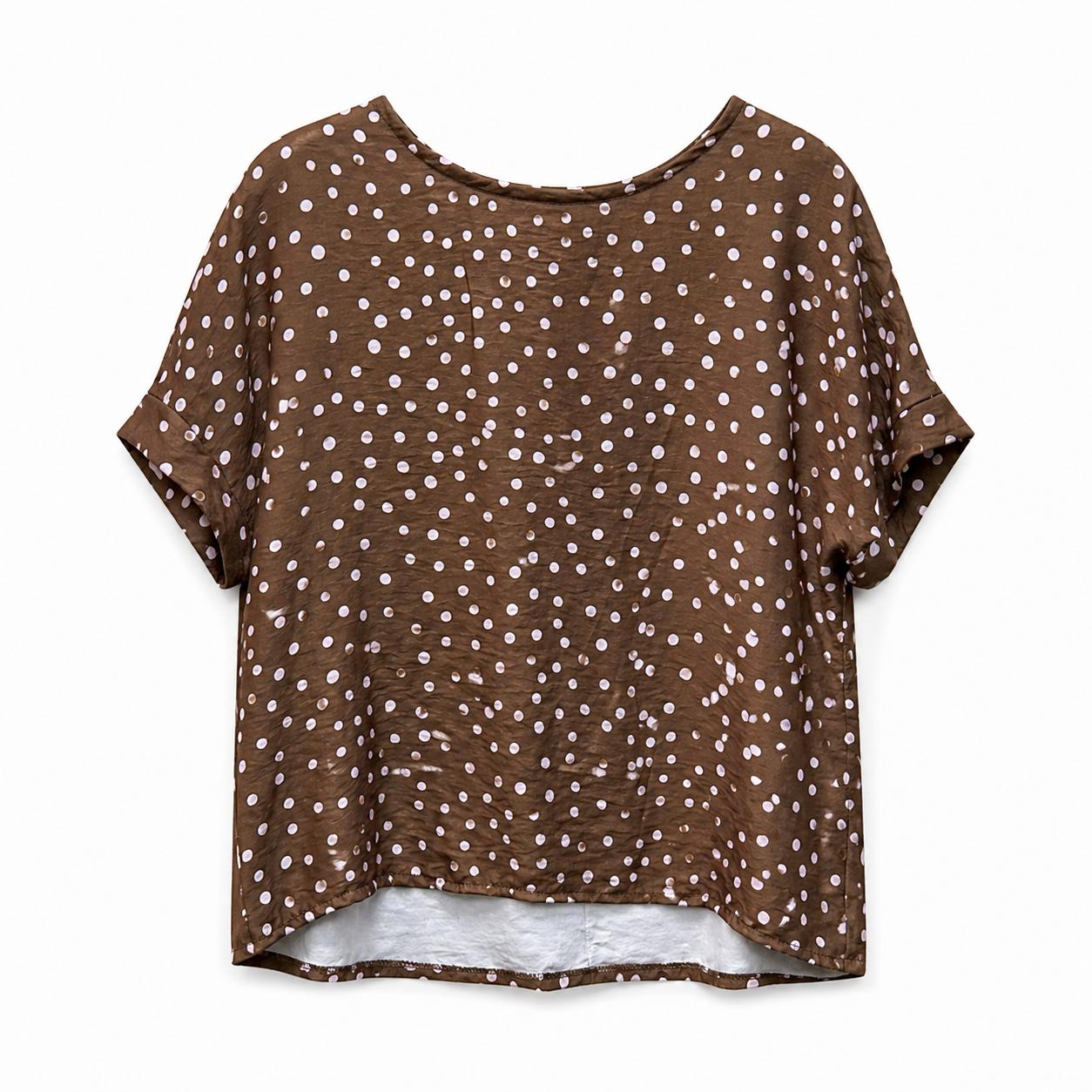 YULVET Blusa fluida de lunares con caída ligera y escote redondo, diseño oversize con manga corta y detalle trasero abierto con lazada elegante