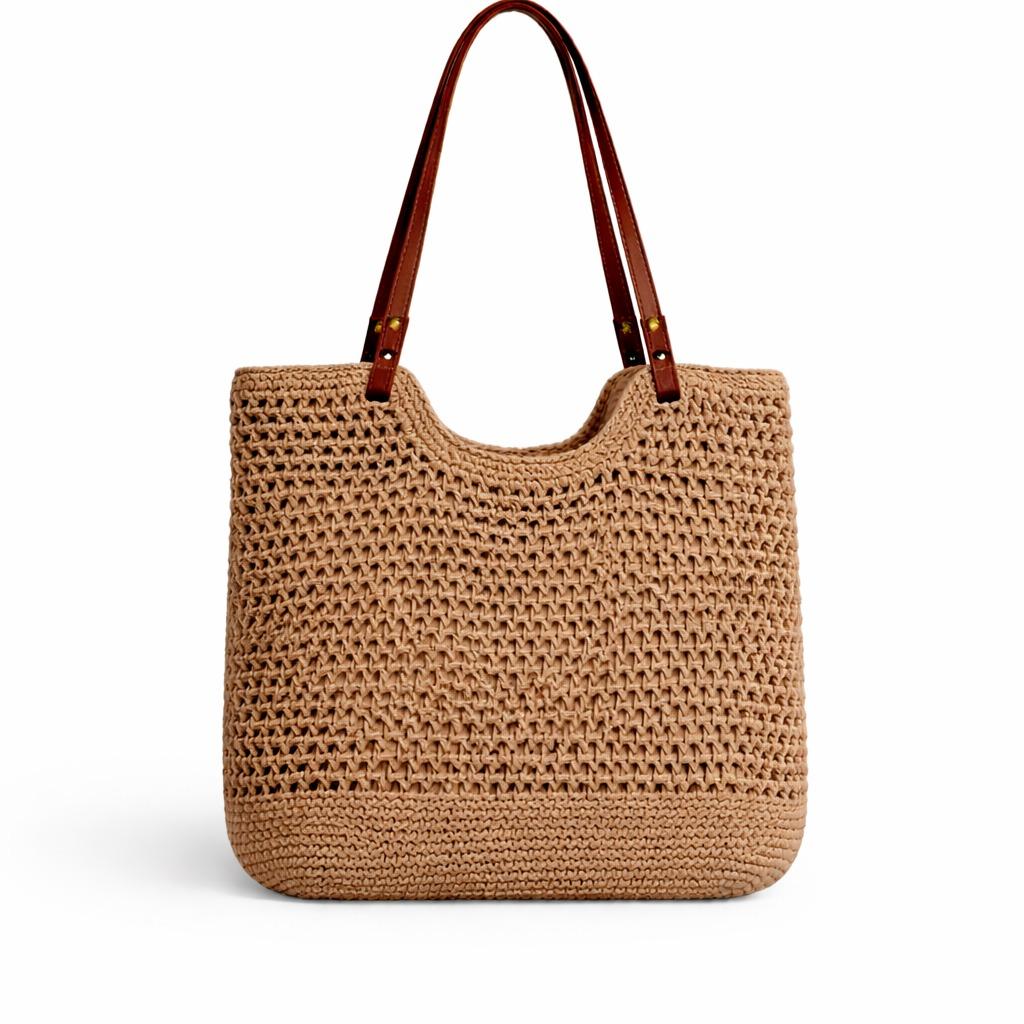 YULVET Bolso de Crochet de Algodón Elegante con Correa de Cuero Estilo Natural