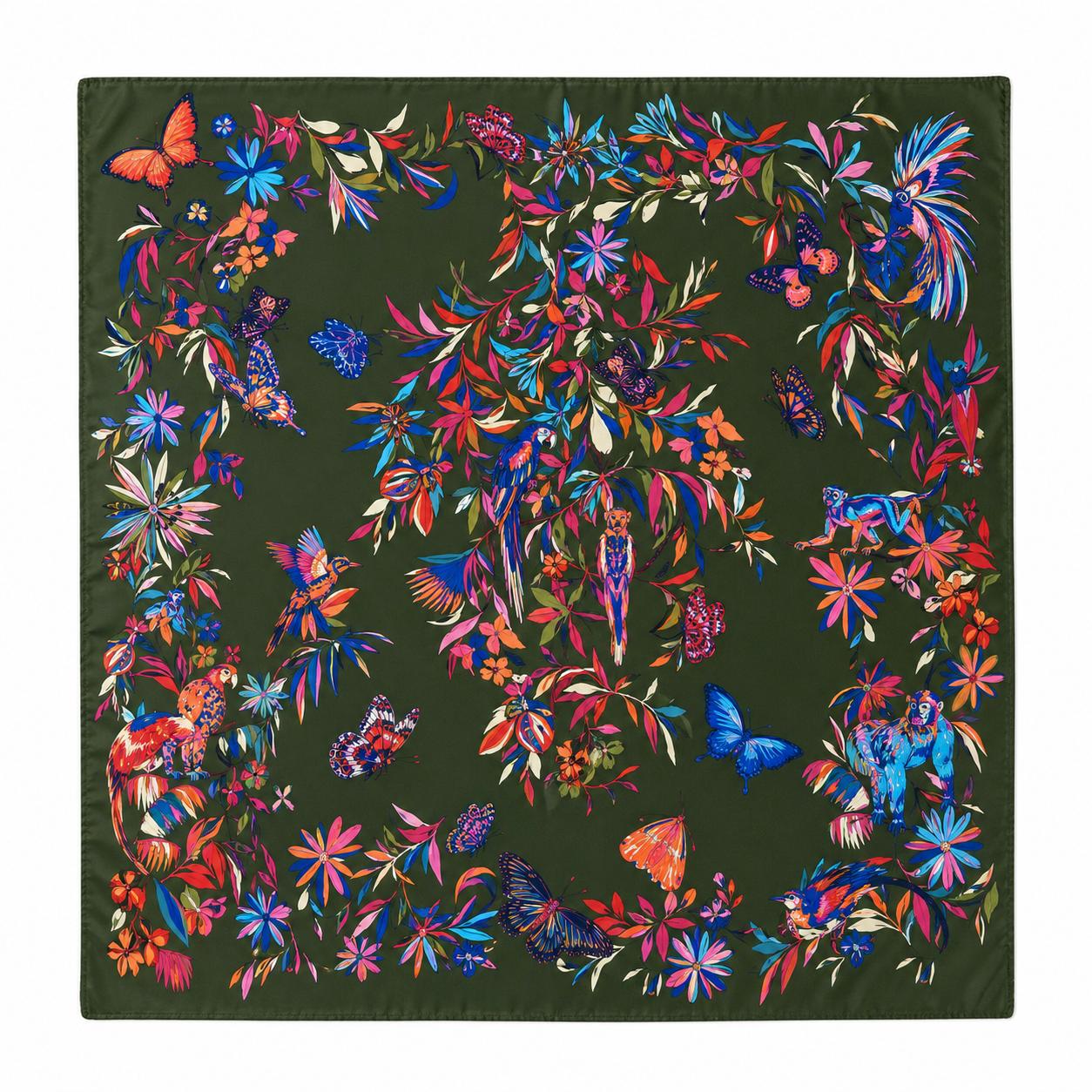 YULVET Pañuelo cuadrado satinado con estampado floral multicolor y mariposas, estilo elegante y versátil para looks sofisticados