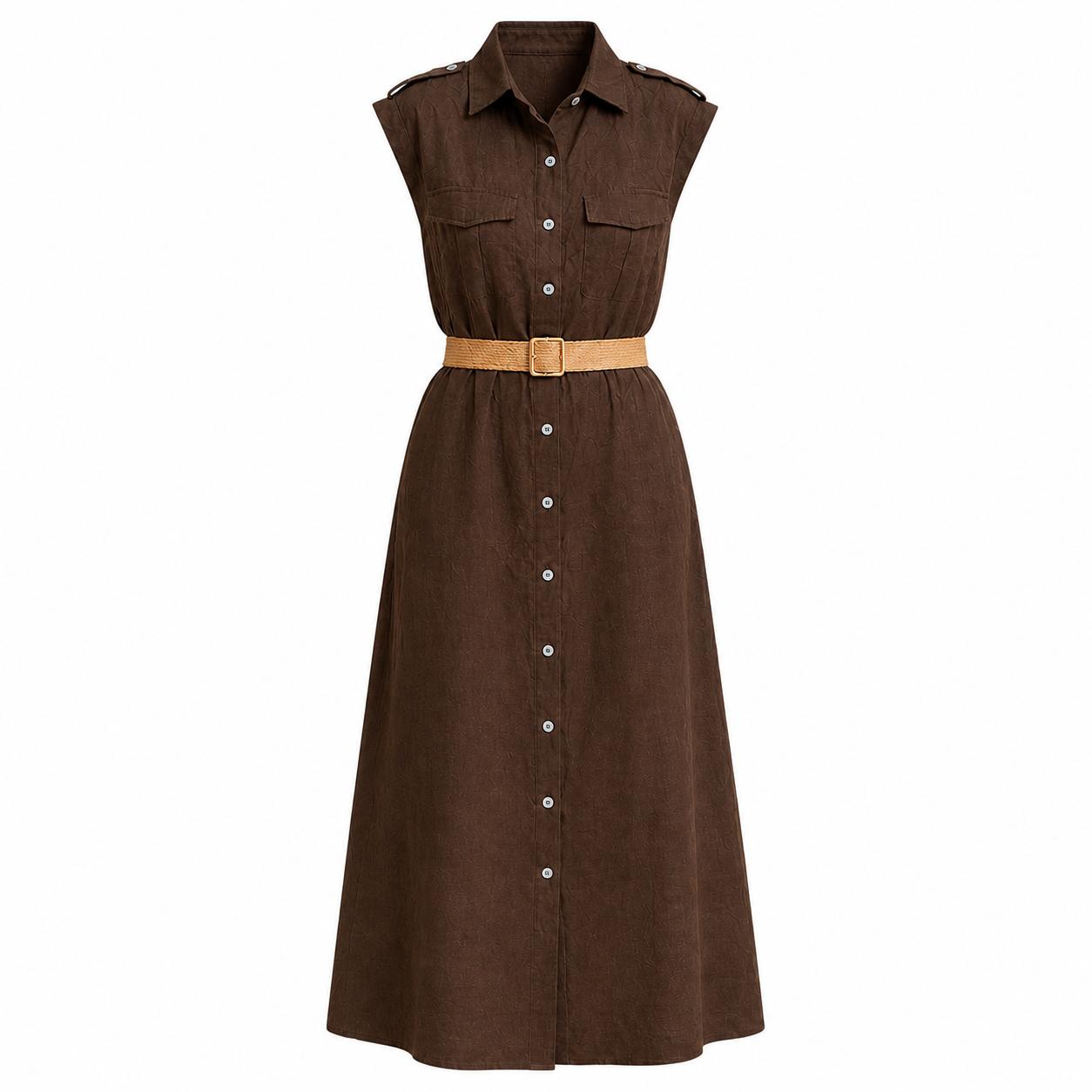 YULVET vestido camisero largo sin mangas con cinturón incluido, botones delanteros y bolsillos en el pecho, diseño fluido y elegante para looks cómodos de temporada