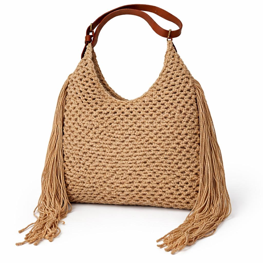 YULVET Bolso de Crochet con Flecos Estilo Natural de Verano con Detalles en Cuero Elegante