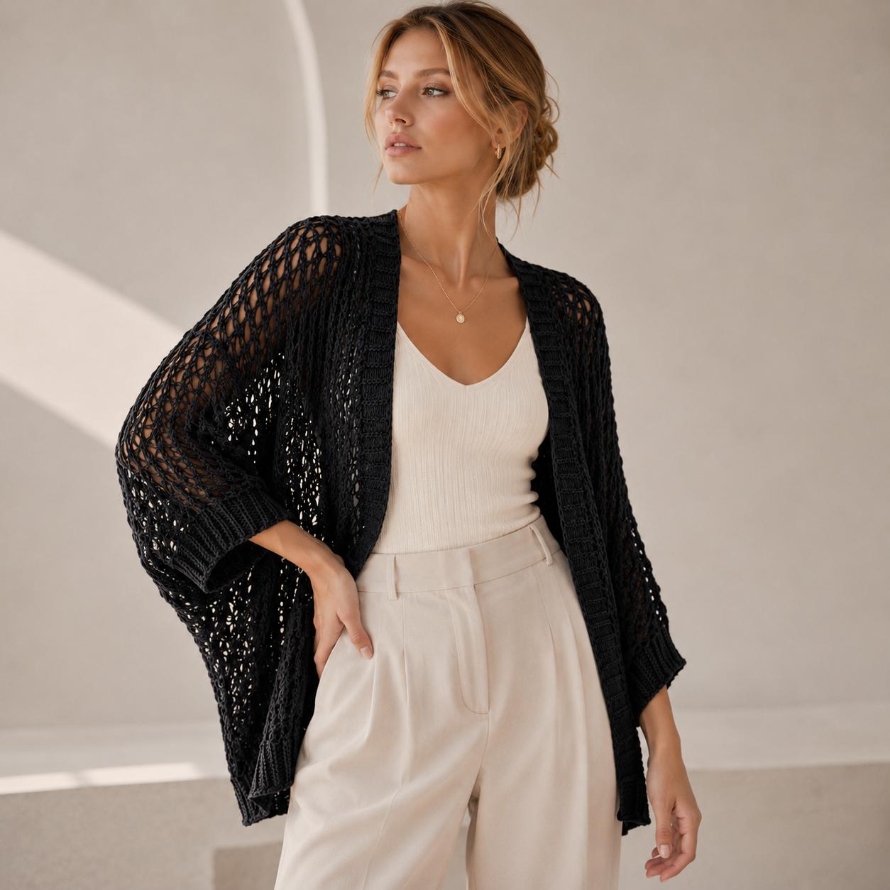 YULVET-Chaqueta Rose de Punto Ligero con Manga Amplia y Corte Fluido Estilo Relajado y Elegante para Looks Versátiles de Diario Talla Única