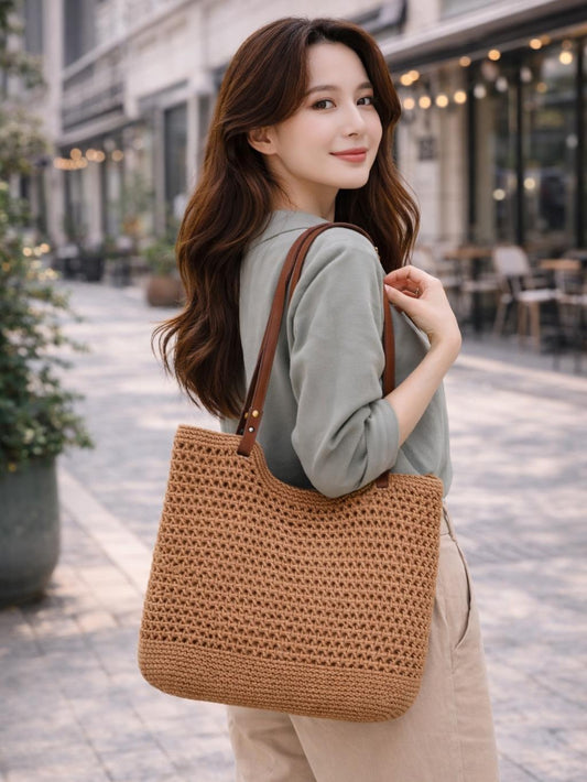 YULVET Bolso de Crochet de Algodón Elegante con Correa de Cuero Estilo Natural