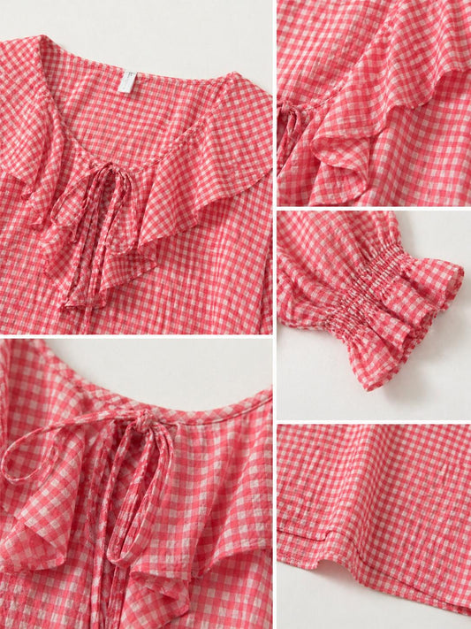 YULVET Blusa de cuadros vichy con volantes románticos y escote ajustable estilo boho veraniego