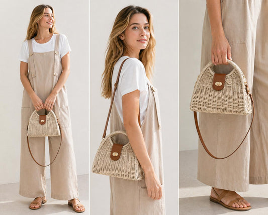YULVET Bolso Trenzado de Diseño Natural con Asa Redonda y Correa de Cuero Chic