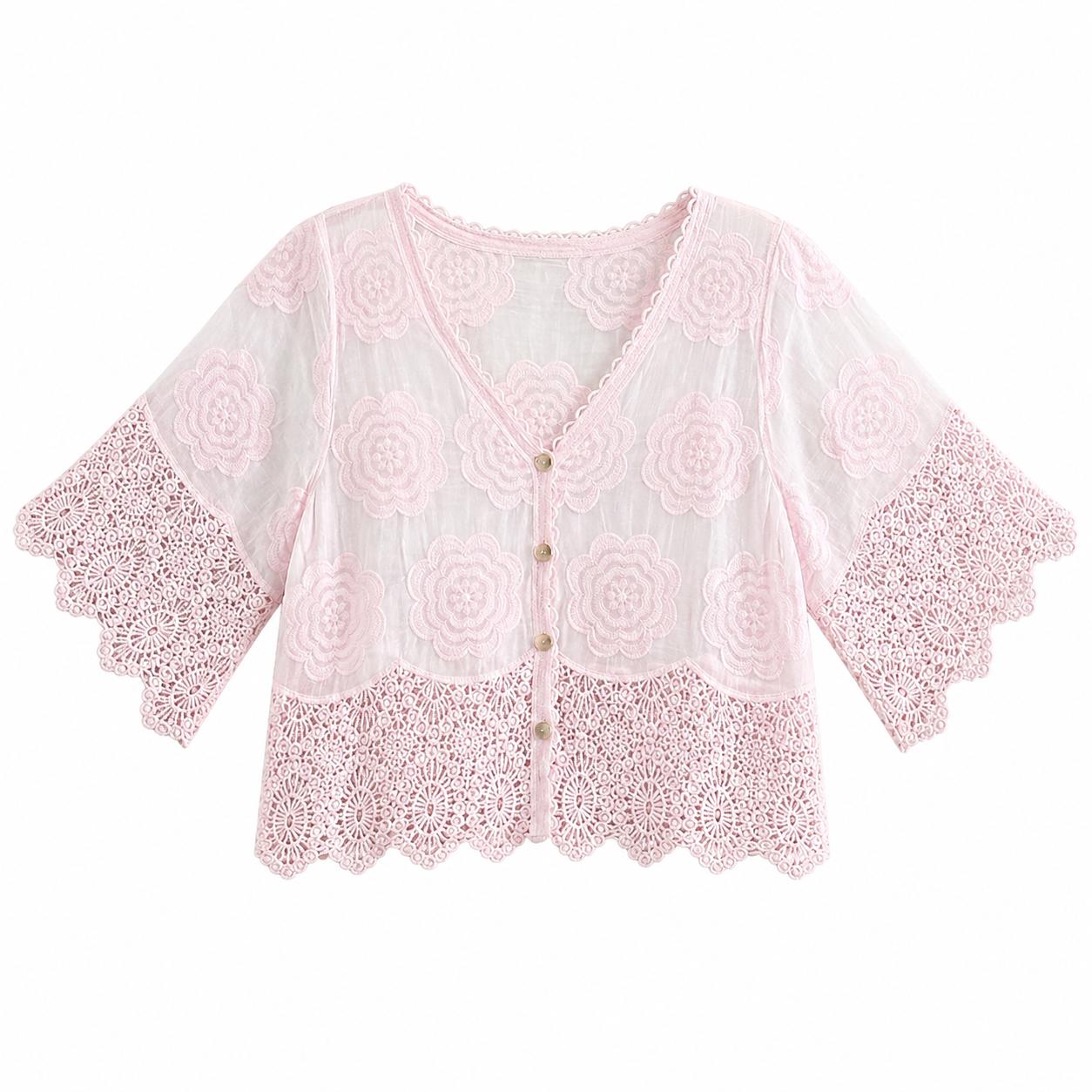 YULVET Blusa corta de encaje bordado con manga amplia y acabado artesanal