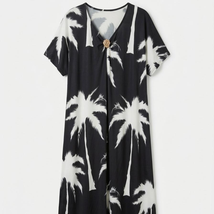 Vestido estampado tropical con escote en V y manga corta amplia, corte fluido oversize estilo elegante casual con tejido ligero ideal para verano