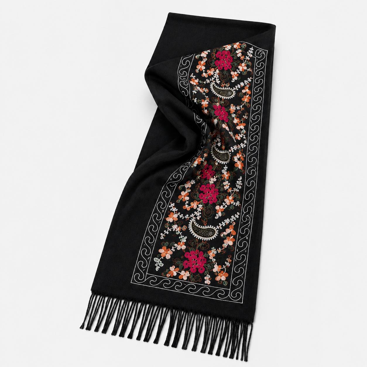 YULVET Bufanda Bordada de Mujer con Flecos, Estampado Floral y Detalles Ornamentales, Tejido Suave y Elegante para Otoño e Invierno