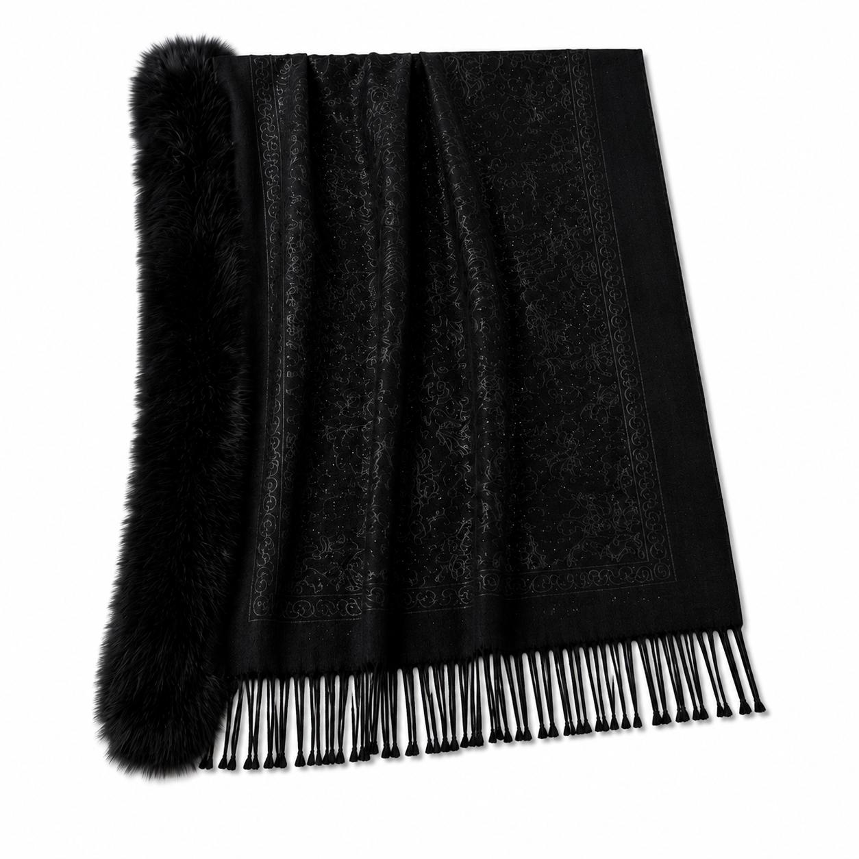 YULVET Chal con cuello de pelo sintético de gran volumen, tejido jacquard con acabado elegante, flecos decorativos y diseño envolvente para otoño e invierno