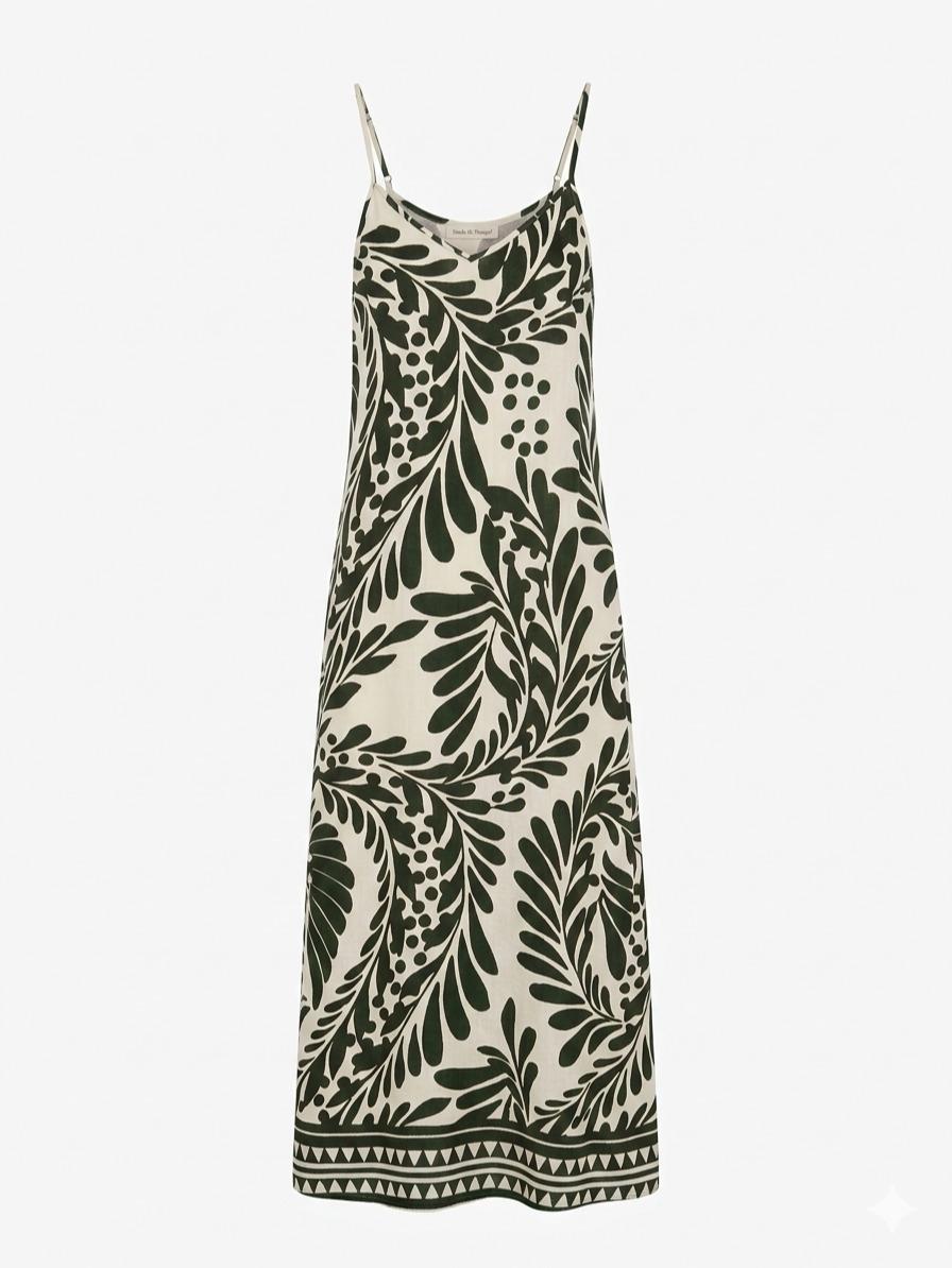 Vestido largo estampado hojas azul marino con tirantes finos, corte amplio fluido estilo boho elegante y tejido ligero ideal para verano
