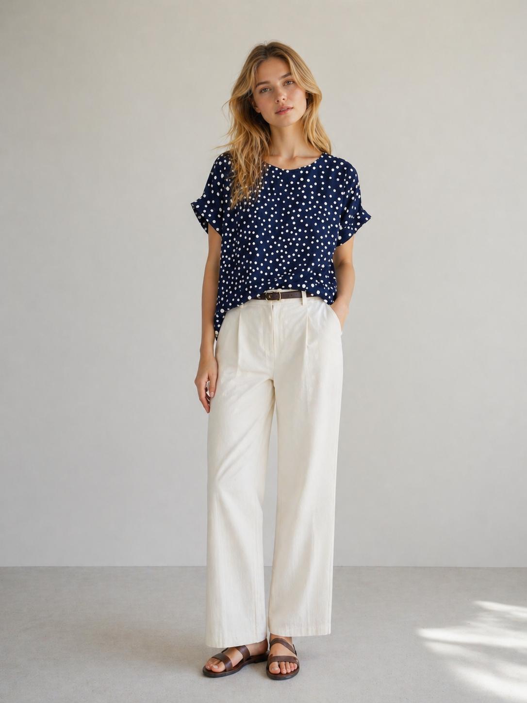YULVET Blusa fluida de lunares con caída ligera y escote redondo, diseño oversize con manga corta y detalle trasero abierto con lazada elegante