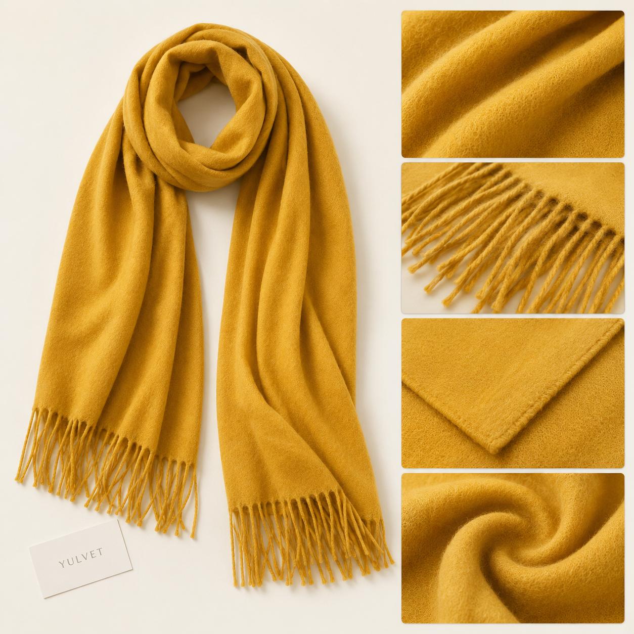 YULVET Bufanda grande para mujer de tacto suave con flecos, acabado liso y diseño elegante y versátil para uso diario, viajes y ocasiones especiales
