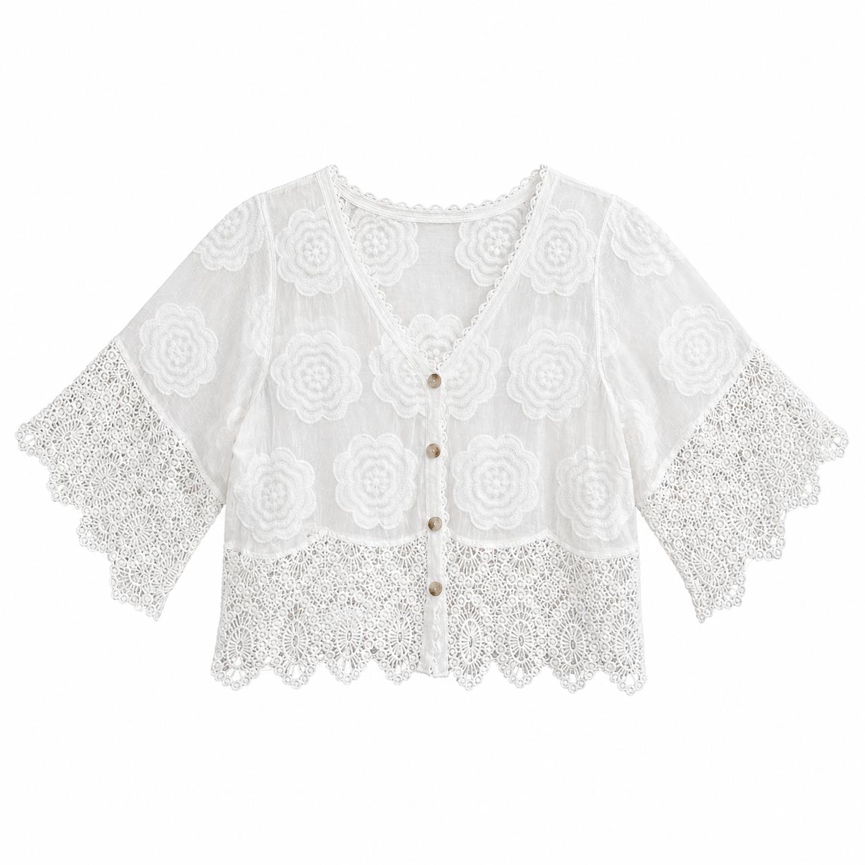 YULVET Blusa corta de encaje bordado con manga amplia y acabado artesanal