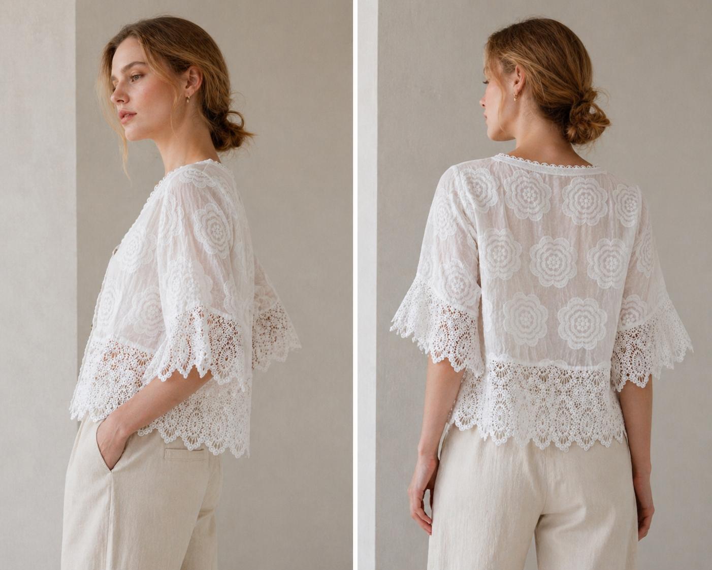 YULVET Blusa corta de encaje bordado con manga amplia y acabado artesanal