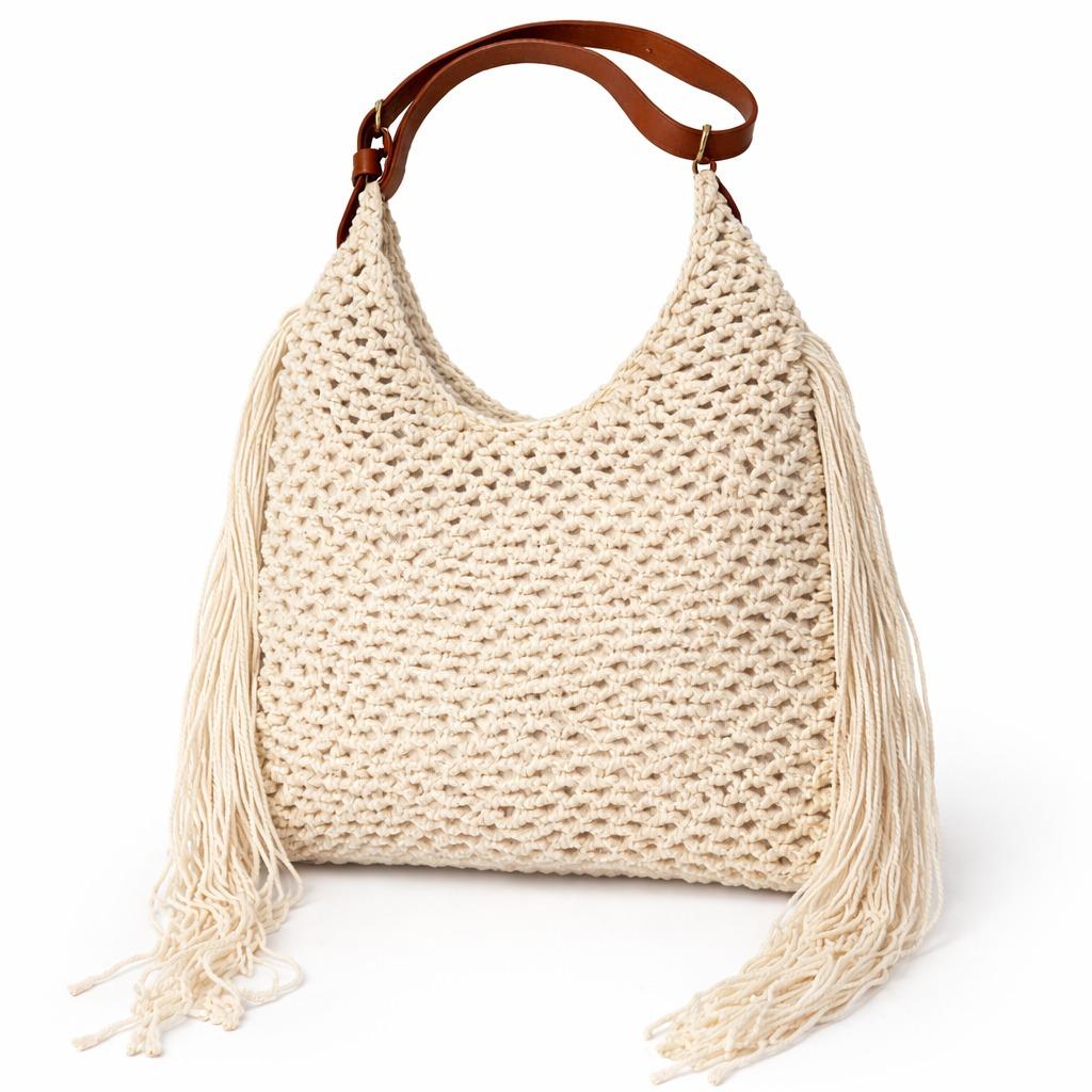 YULVET Bolso de Crochet con Flecos Estilo Natural de Verano con Detalles en Cuero Elegante