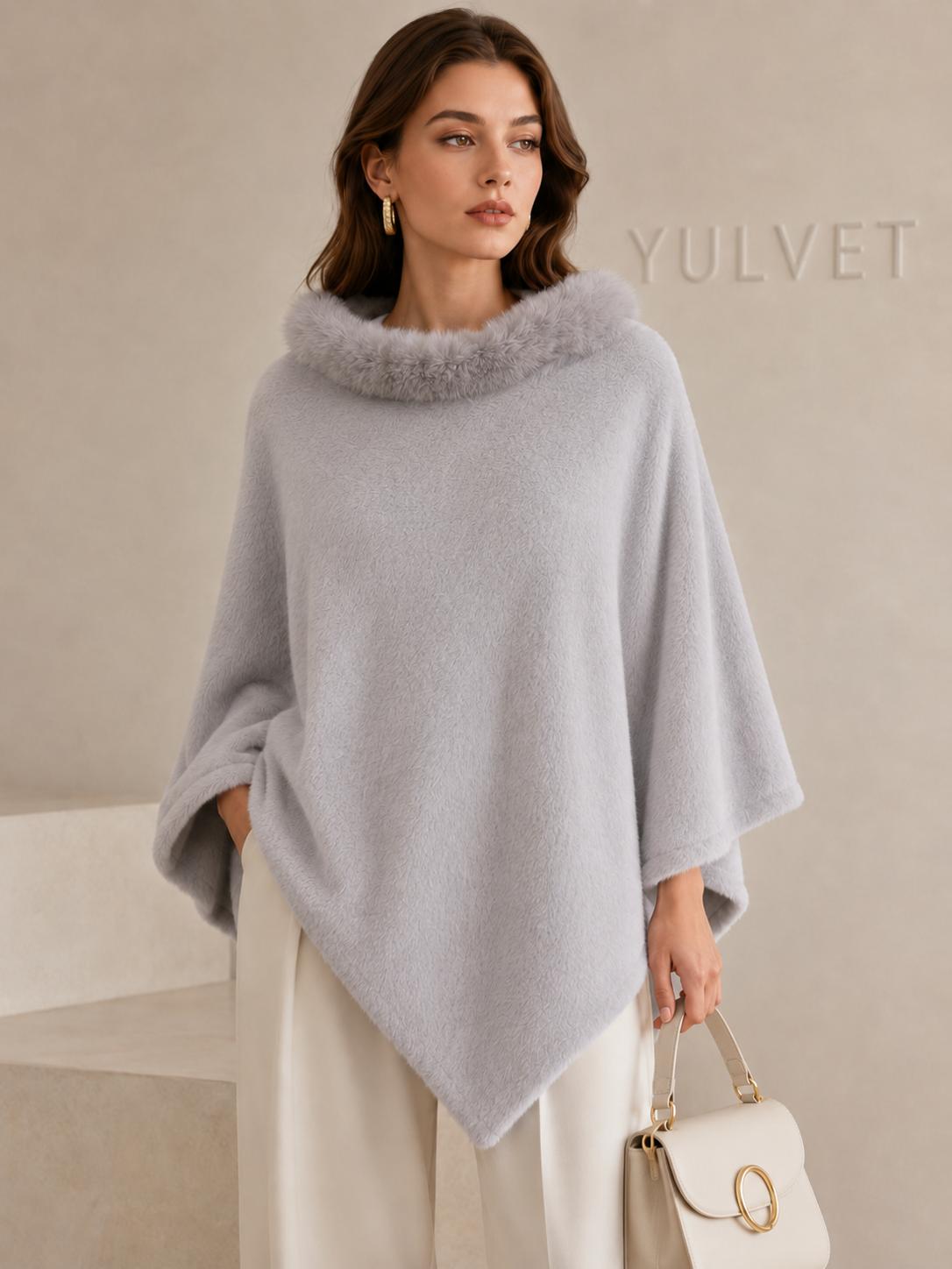 YULVET Poncho de Mujer con Cuello de Pelo Suave, Capa Elegante de Viscosa con Caída Fluida, Tacto Agradable y Diseño Versátil para Otoño e Invierno