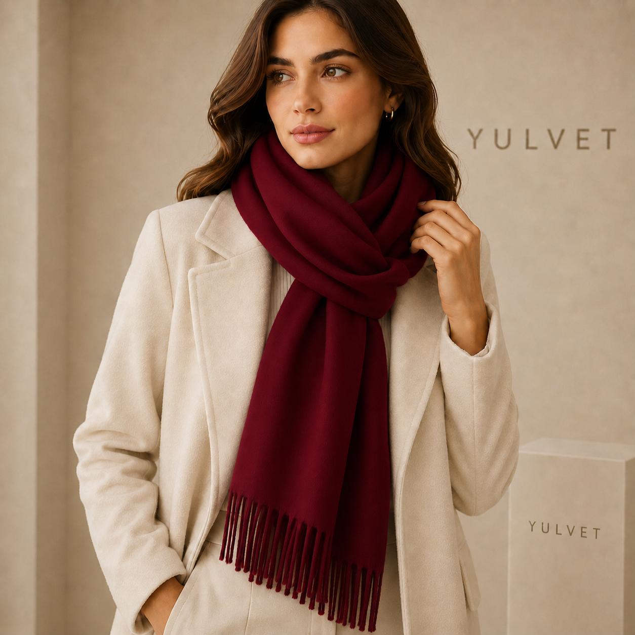 YULVET Bufanda grande para mujer de tacto suave con flecos, acabado liso y diseño elegante y versátil para uso diario, viajes y ocasiones especiales
