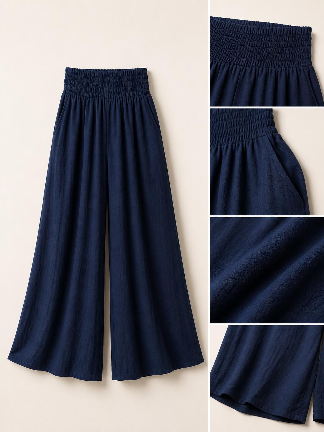 YULVET Pantalón palazzo fluido de tiro alto con cintura elástica fruncida y pernera ancha con caída ligera