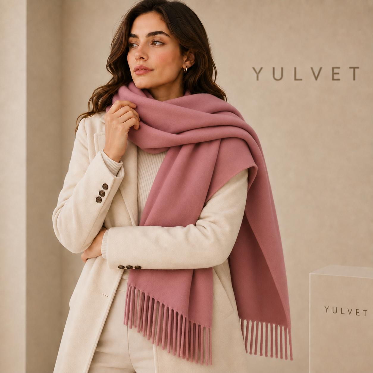 YULVET Bufanda grande para mujer de tacto suave con flecos, acabado liso y diseño elegante y versátil para uso diario, viajes y ocasiones especiales