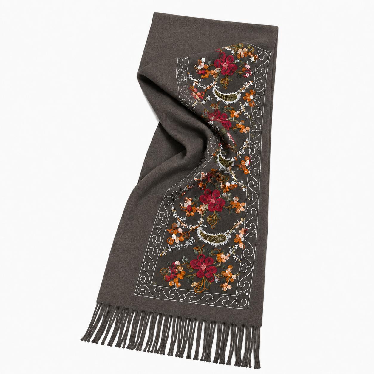 YULVET Bufanda Bordada de Mujer con Flecos, Estampado Floral y Detalles Ornamentales, Tejido Suave y Elegante para Otoño e Invierno