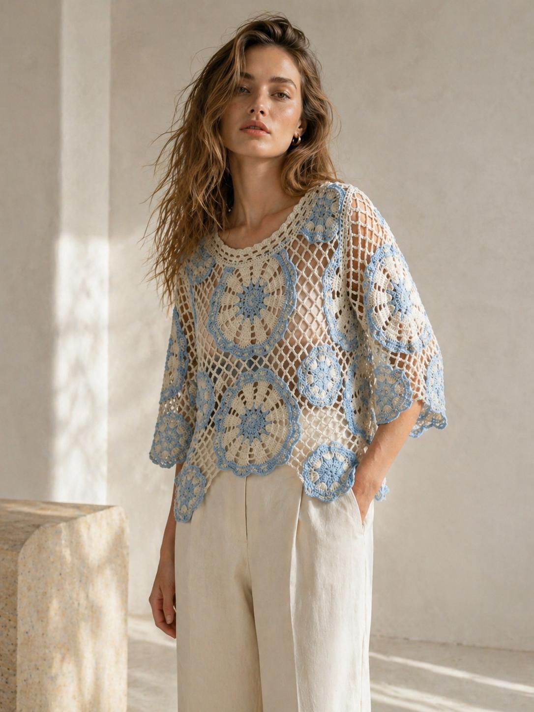 YULVET Top de Crochet Calado con Diseño Floral Estilo Boho Chic