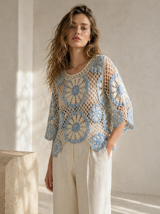YULVET Top de Crochet Calado con Diseño Floral Estilo Boho Chic