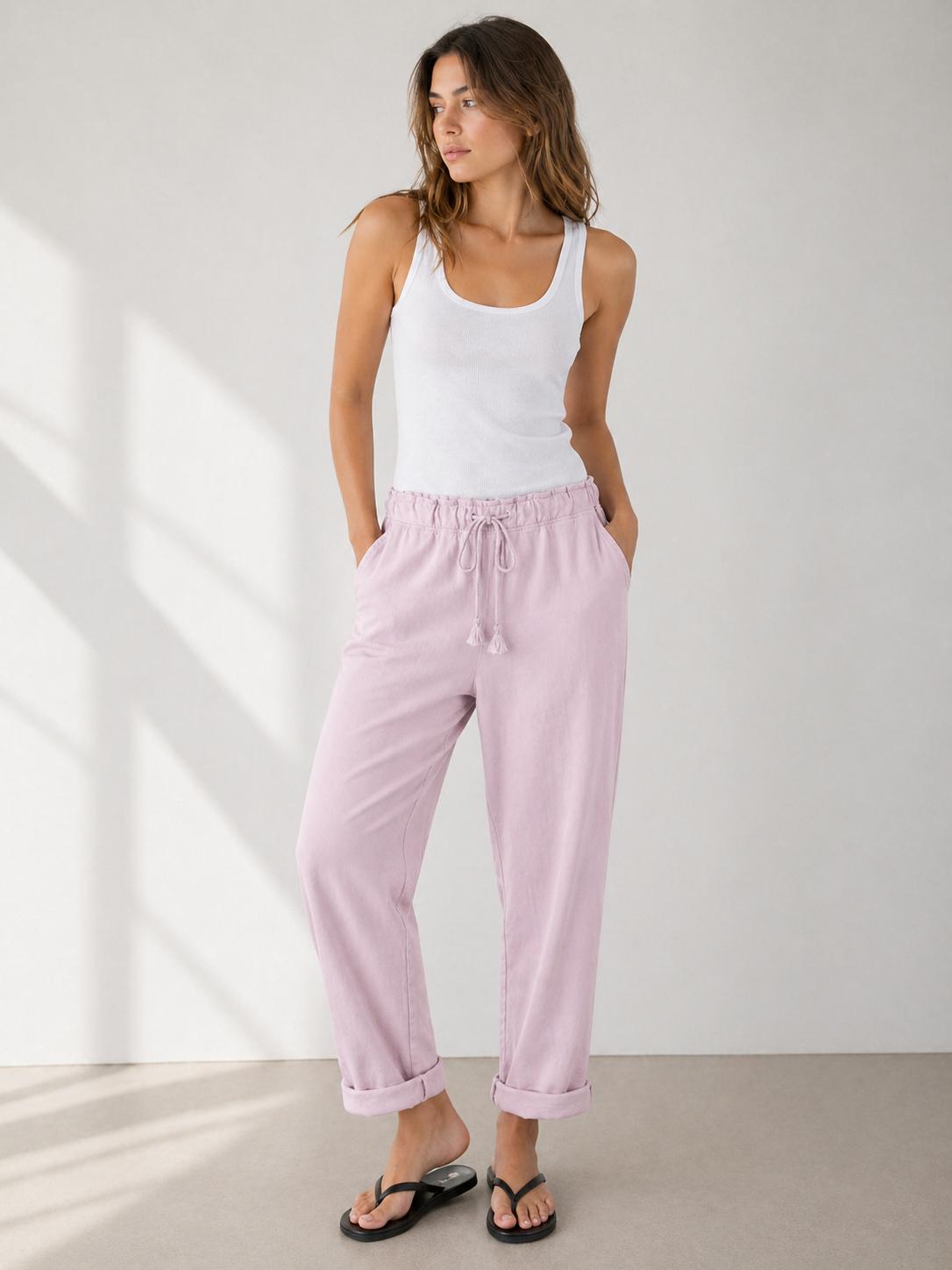YULVET Pantalón de Algodón Corte Relajado con Cintura Elástica y Cordón Ajustable para Uso Diario con Bolsillos Laterales
