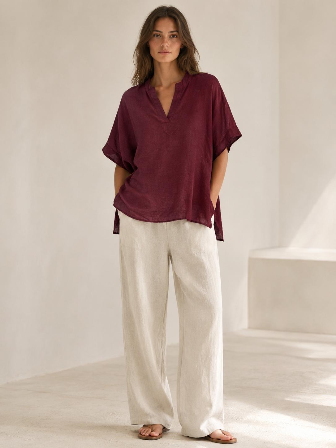 YULVET Blusa amplia de lino 100% con cuello mao, escote en pico y manga corta estilo oversize