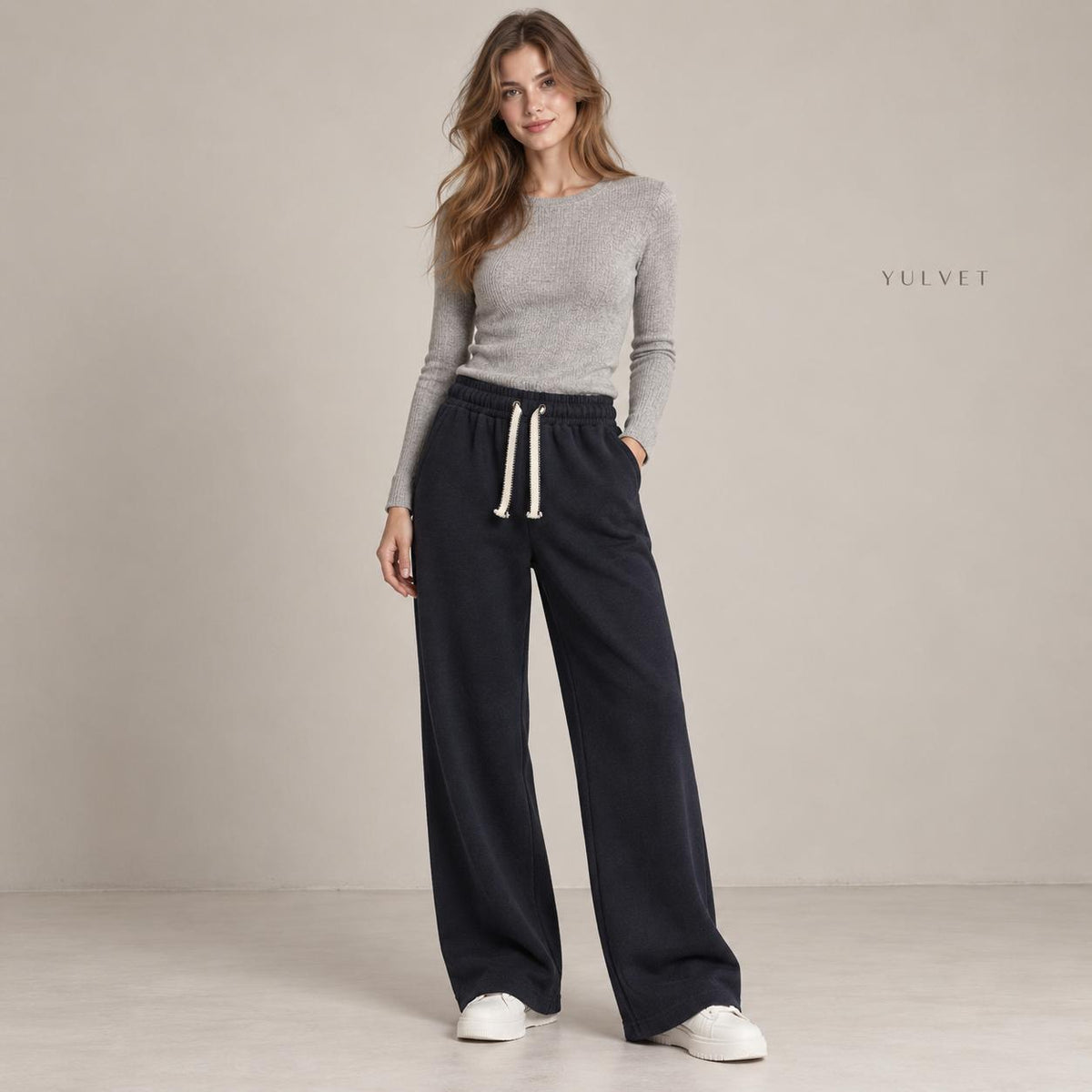 YULVET Pantalón de Mujer con Interior Afelpado, Corte Recto Holgado, Cintura Elástica con Cordón Ajustable y Bolsillos Laterales, Tejido Suave y Flexible