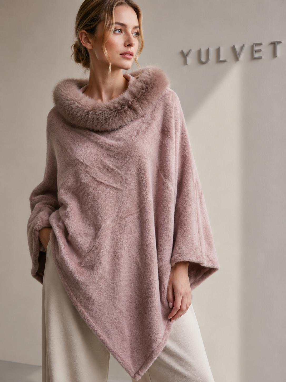 YULVET Poncho de Mujer con Cuello de Pelo Suave, Capa Elegante de Viscosa con Caída Fluida, Tacto Agradable y Diseño Versátil para Otoño e Invierno