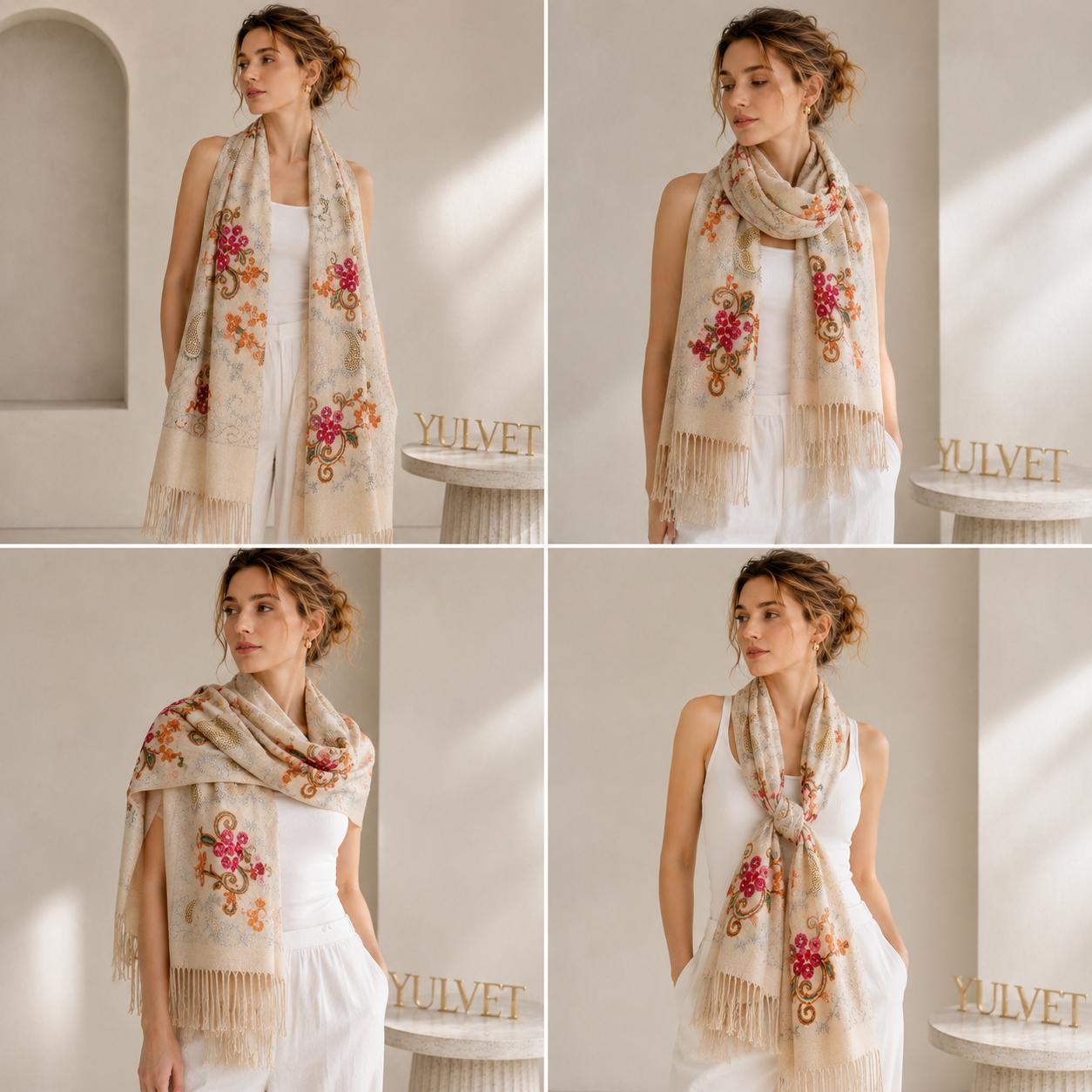 YULVET Bufanda Bordada de Mujer con Flecos, Estampado Floral y Detalles Ornamentales, Tejido Suave y Elegante para Otoño e Invierno