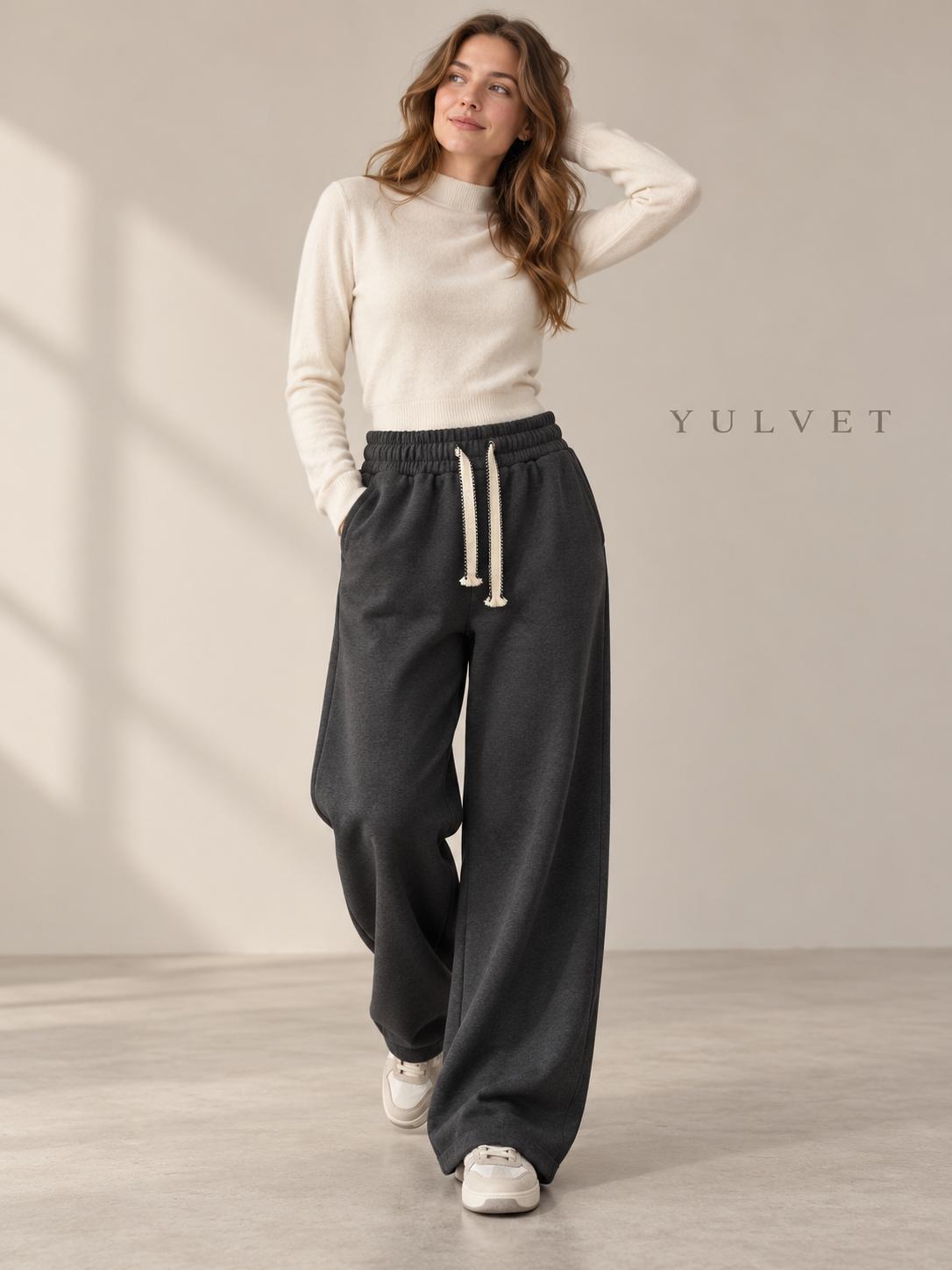 YULVET Pantalón de Mujer con Interior Afelpado, Corte Recto Holgado, Cintura Elástica con Cordón Ajustable y Bolsillos Laterales, Tejido Suave y Flexible