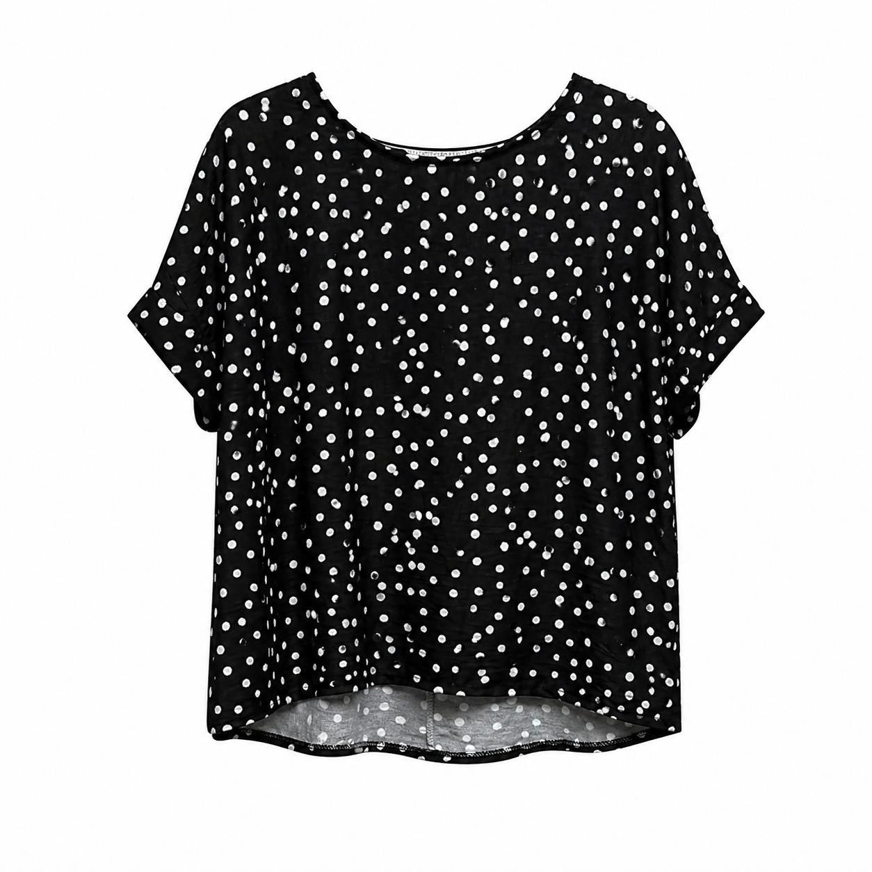 YULVET Blusa fluida de lunares con caída ligera y escote redondo, diseño oversize con manga corta y detalle trasero abierto con lazada elegante