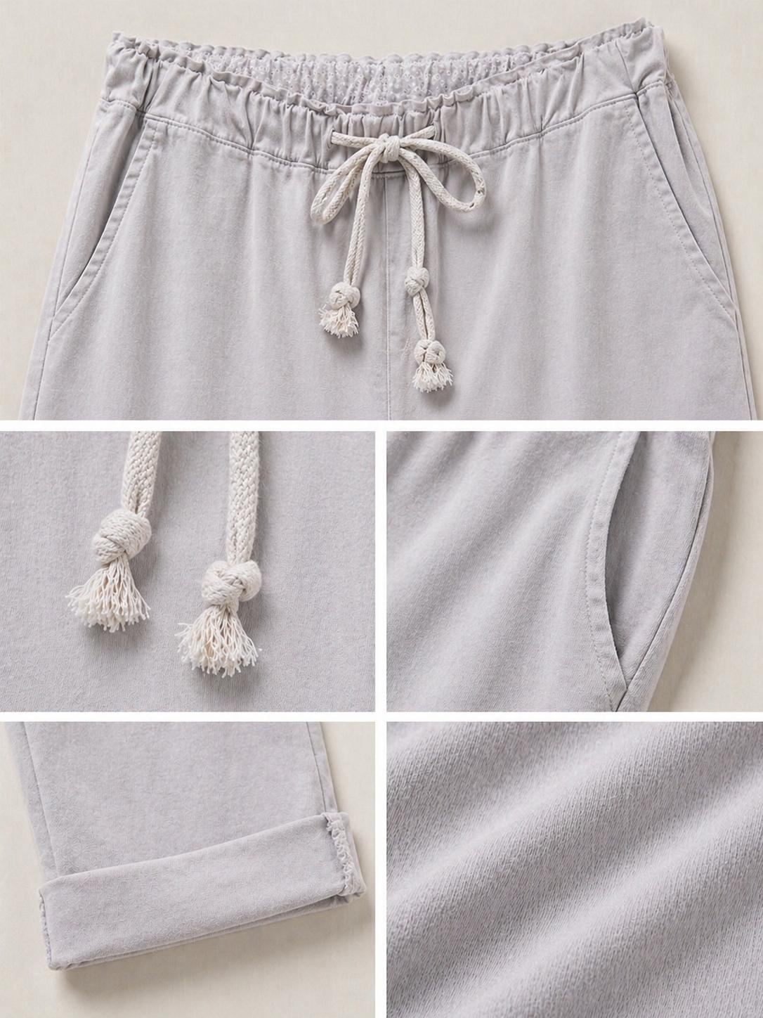 YULVET Pantalón de Algodón Corte Relajado con Cintura Elástica y Cordón Ajustable para Uso Diario con Bolsillos Laterales
