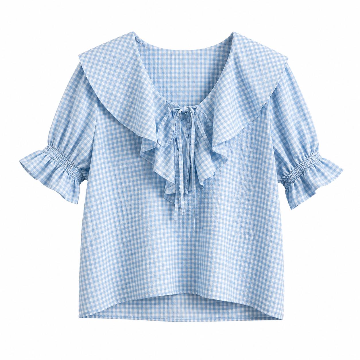 YULVET Blusa de cuadros vichy con volantes románticos y escote ajustable estilo boho veraniego