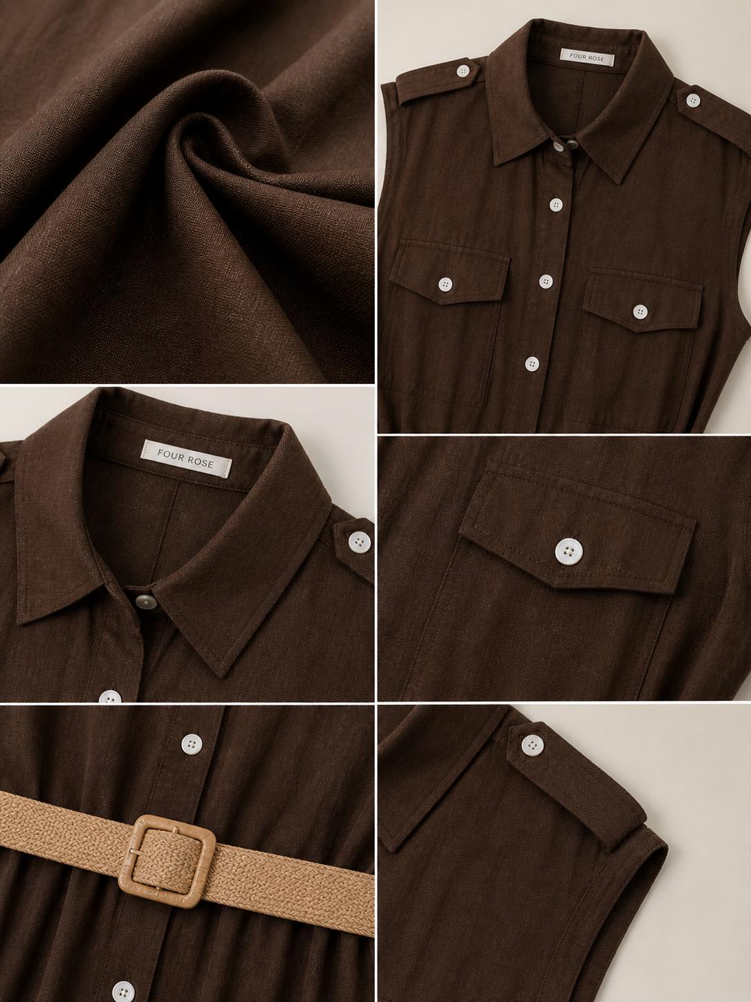 YULVET vestido camisero largo sin mangas con cinturón incluido, botones delanteros y bolsillos en el pecho, diseño fluido y elegante para looks cómodos de temporada