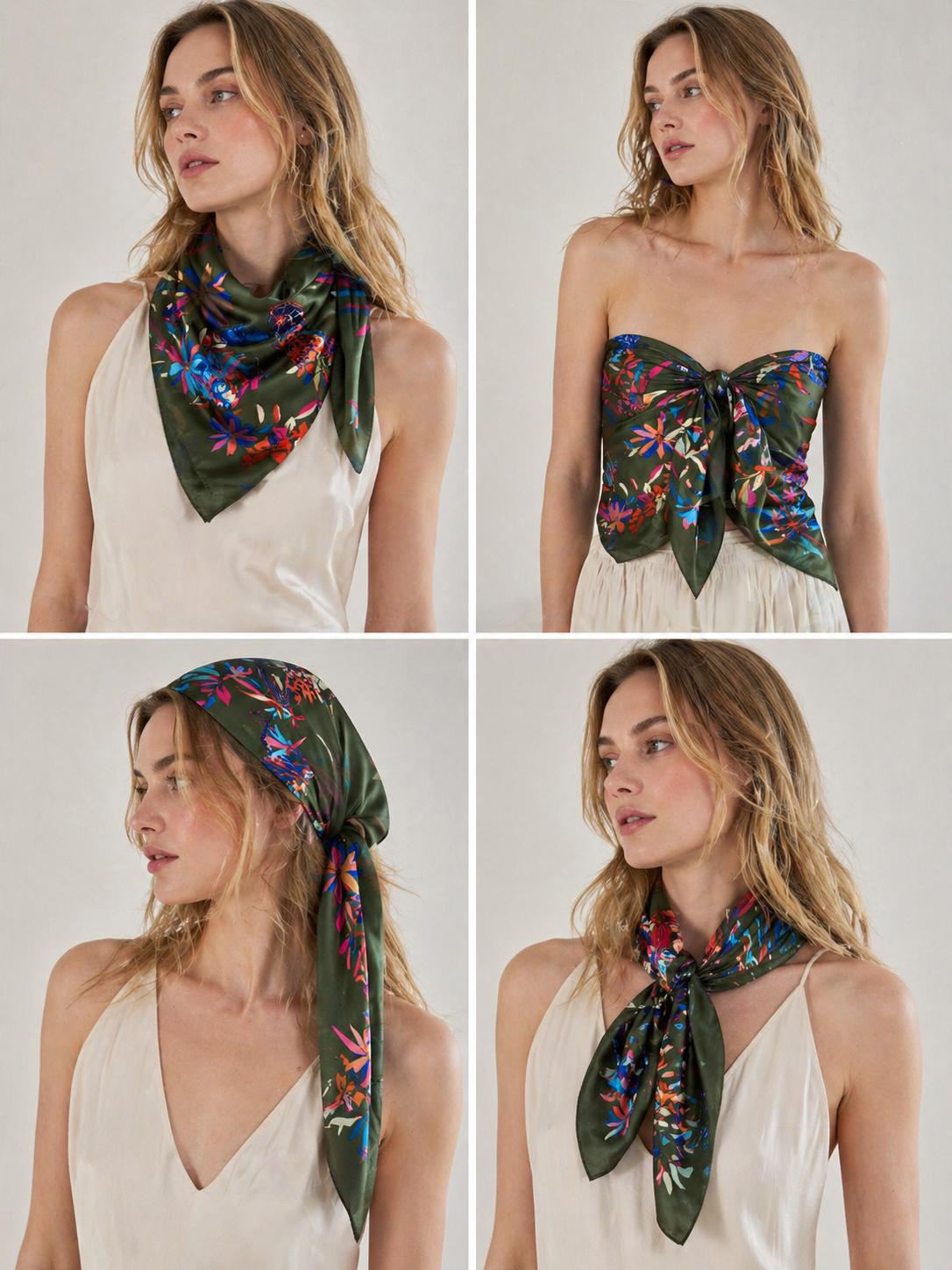 YULVET Pañuelo cuadrado satinado con estampado floral multicolor y mariposas, estilo elegante y versátil para looks sofisticados