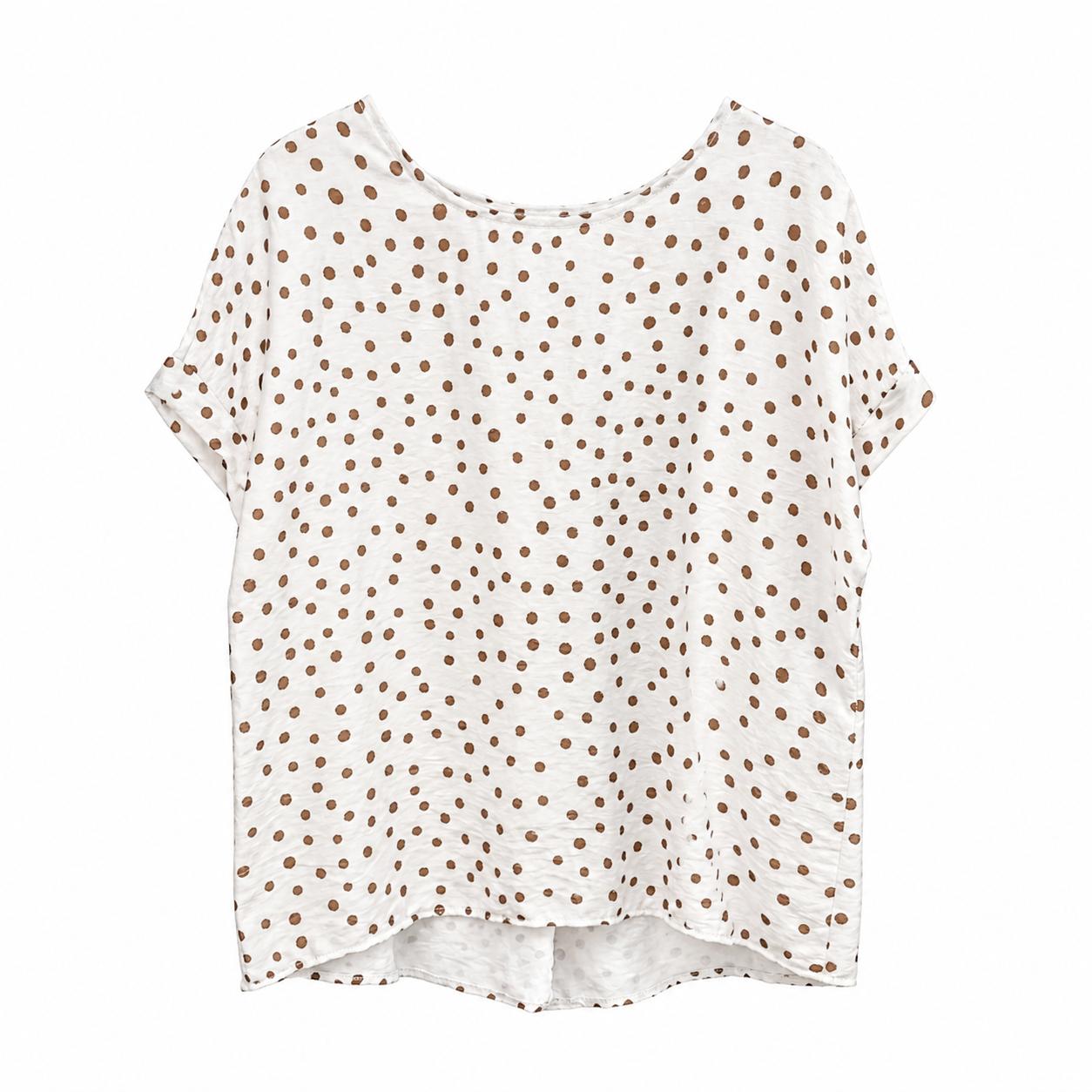 YULVET Blusa fluida de lunares con caída ligera y escote redondo, diseño oversize con manga corta y detalle trasero abierto con lazada elegante