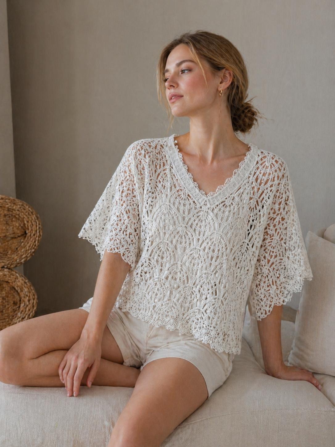 YULVET Blusa 2P de encaje calado con diseño artesanal y manga amplia fluida