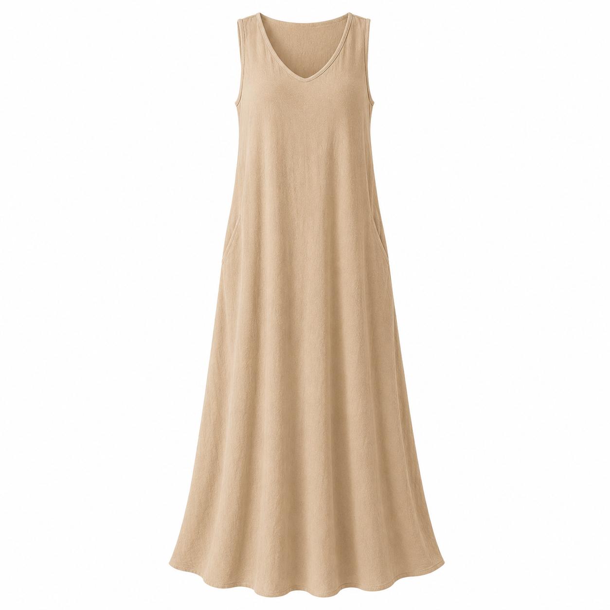 YULVET vestido largo fluido sin mangas con escote en pico y bolsillos laterales de estilo cómodo y elegante