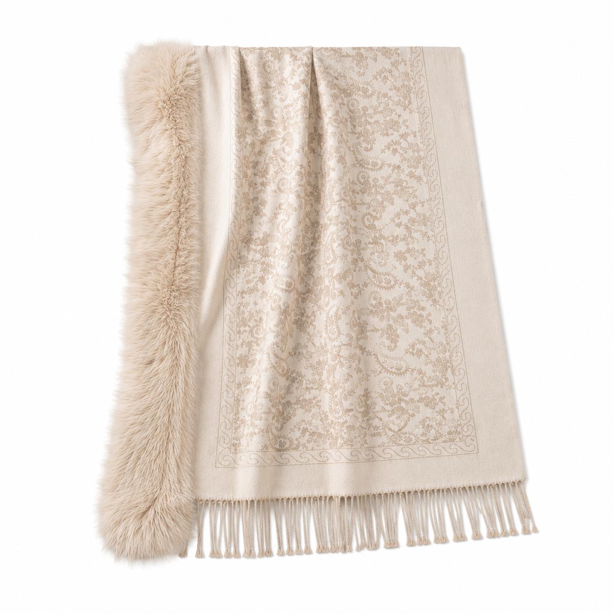 YULVET Chal con cuello de pelo sintético de gran volumen, tejido jacquard con acabado elegante, flecos decorativos y diseño envolvente para otoño e invierno