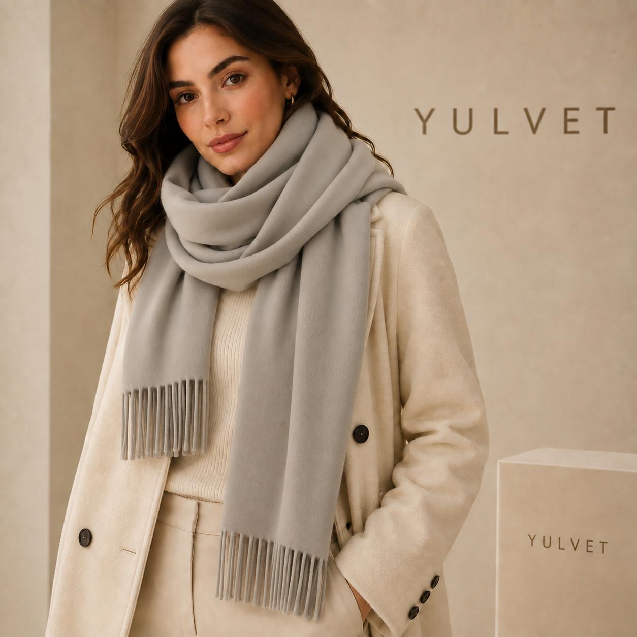 YULVET Bufanda grande para mujer de tacto suave con flecos, acabado liso y diseño elegante y versátil para uso diario, viajes y ocasiones especiales