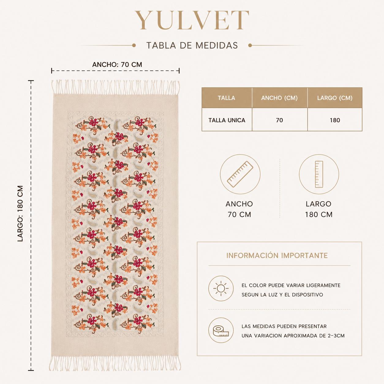 YULVET Bufanda Bordada de Mujer con Flecos, Estampado Floral y Detalles Ornamentales, Tejido Suave y Elegante para Otoño e Invierno