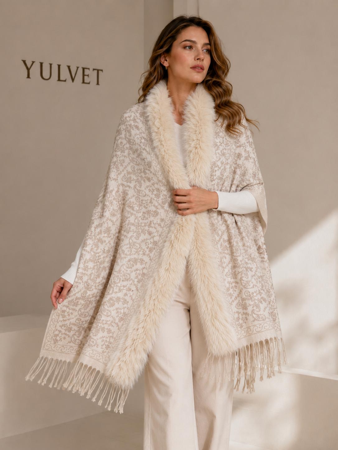 YULVET Chal con cuello de pelo sintético de gran volumen, tejido jacquard con acabado elegante, flecos decorativos y diseño envolvente para otoño e invierno