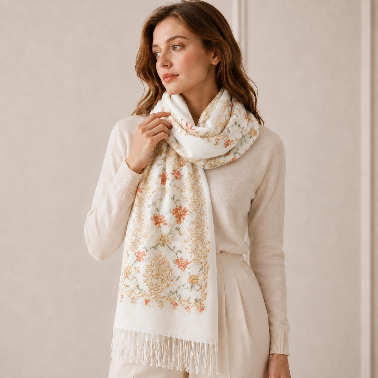 YULVET Bufanda de punto suave con estampado ornamental tipo jacquard, acabado elegante con flecos y diseño versátil para otoño e invierno