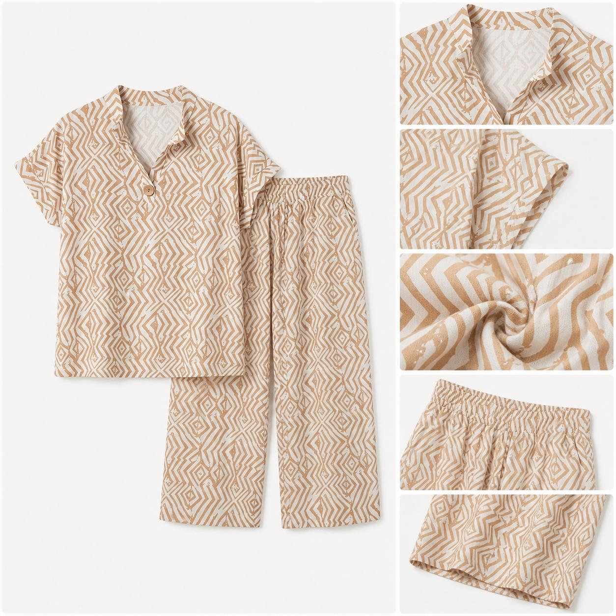 Conjunto 2 piezas blusa y pantalón ancho estampado  estilo boho, tejido ligero y fresco ideal para verano, camiseta suelta con manga corta y pantalón fluido de cintura elástica, look cómodo y elegante fácil de combinar, perfecto para vacaciones